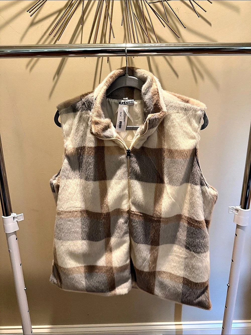 KATY DID Plaid Faux Fur Vest in Brown & Cream NWT